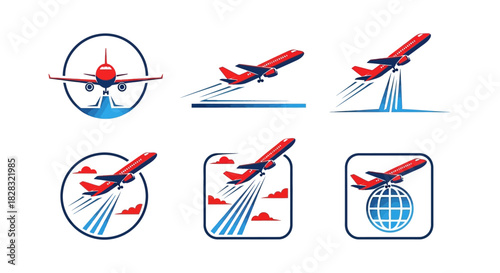 Airplane travel and tourism logo set with red planes taking off or landing on blue backgrounds