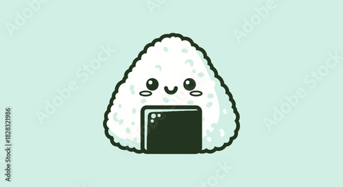 Adorable onigiri cartoon illustration with smiling face and seaweed wrapping in flat design