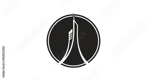 Abstract minimalist logo design featuring a stylized building silhouette in a circle