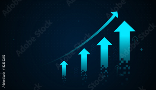 A series of glowing digital arrows rises alongside a curved growth line, symbolizing strong financial performance and data-driven market acceleration. Pixel elements