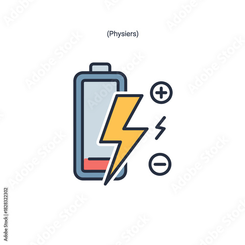 Battery charging icon with a lightning bolt symbol. Vector graphic representing electric power, energy storage, and voltage with plus and minus polarity signs