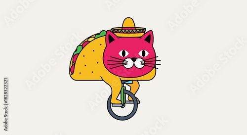 A whimsical illustration of a pink cat riding a unicycle while dressed as a taco with sombrero