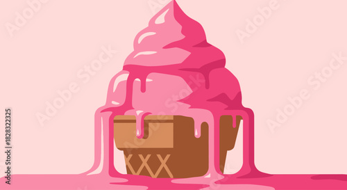 A visually appealing illustration of a dripping pink ice cream cone on a light pink background