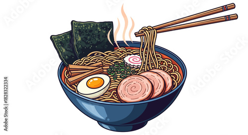 A vibrant bowl of ramen filled with noodles, toppings and chopsticks illustration