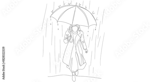 A solitary figure navigates a downpour with an umbrella in a minimalist line drawing capturing