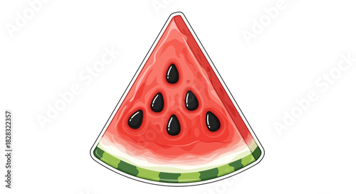 A vibrant watermelon slice illustration with seeds and a white background drawing