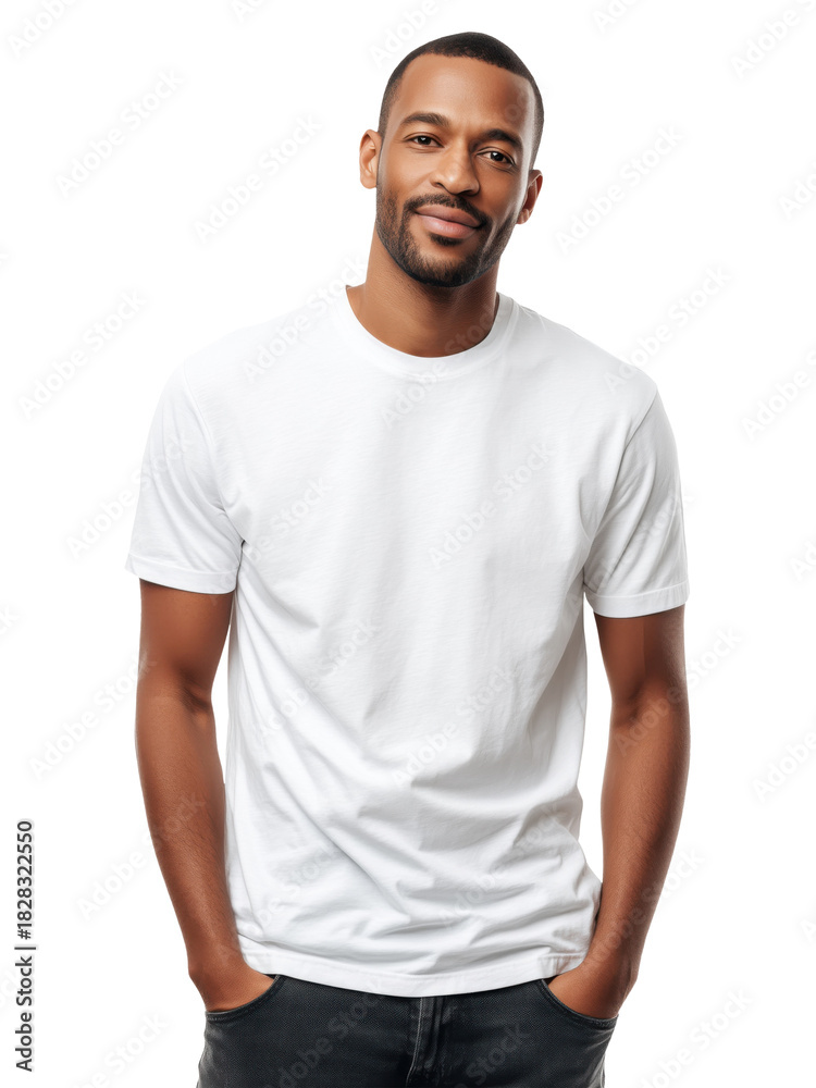 Fototapeta premium Smiling young African American man wearing casual white t-shirt, isolated on transparent background
