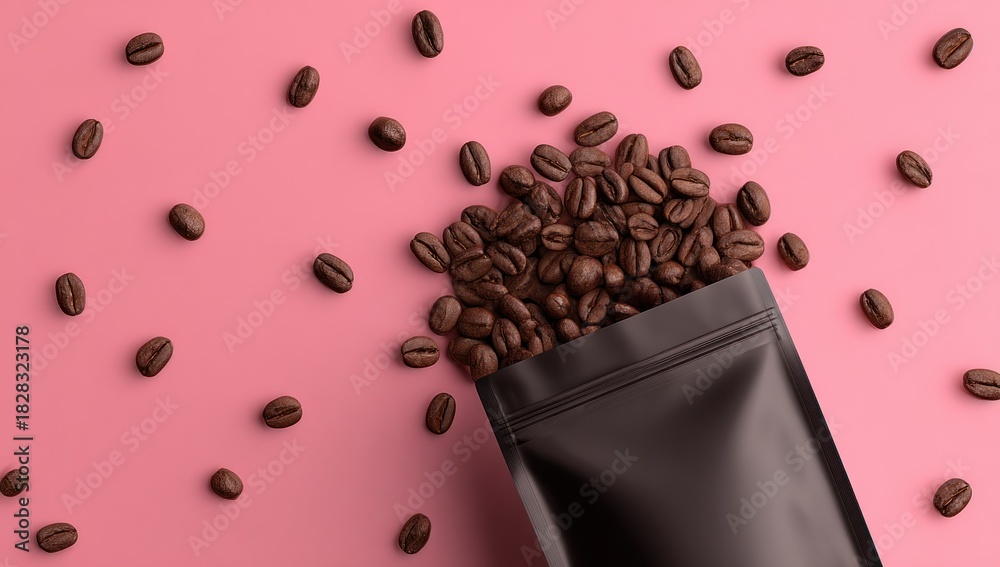 Fototapeta premium Coffee beans spilling from a black bag on pink background.