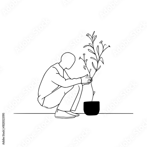 Line drawing of a person crouching and tending to a potted plant, symbolizing gardening, growth, and care, isolated on