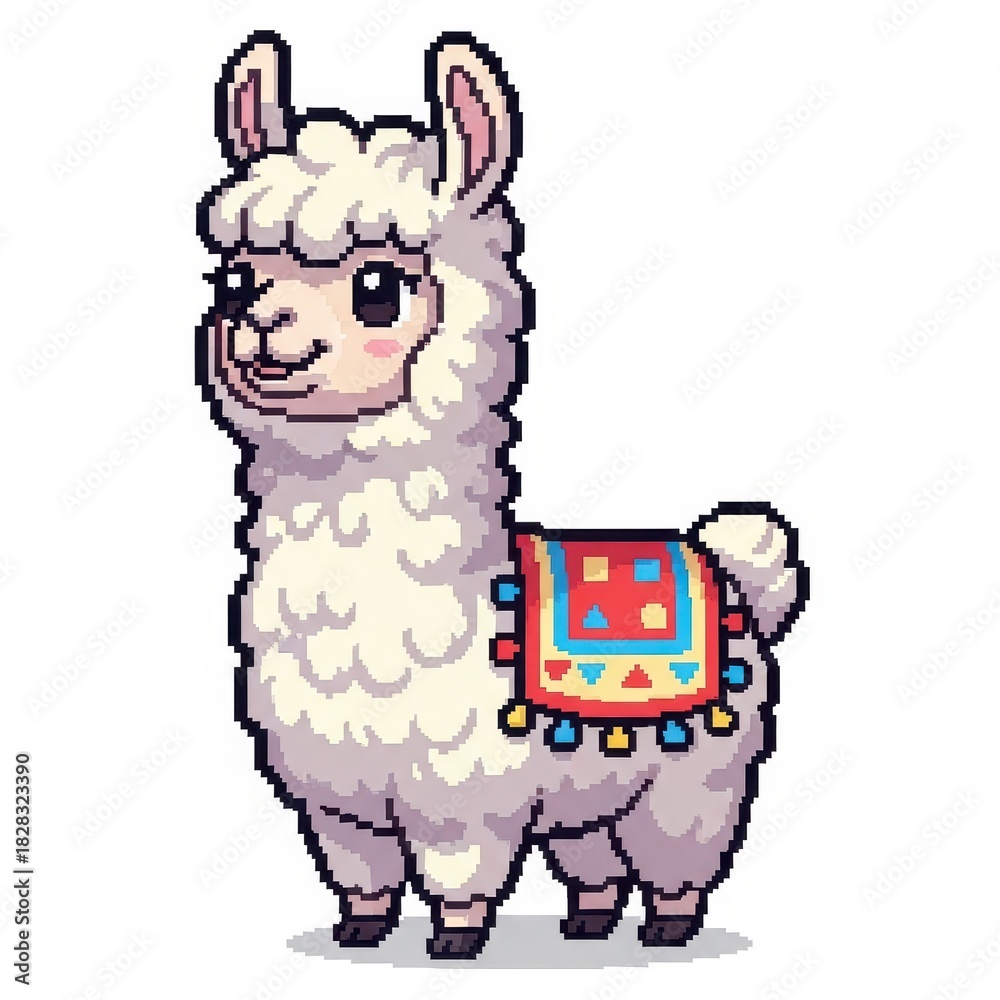 Obraz premium Charming pixel art depiction of a llama adorned with a vibrant patterned blanket
