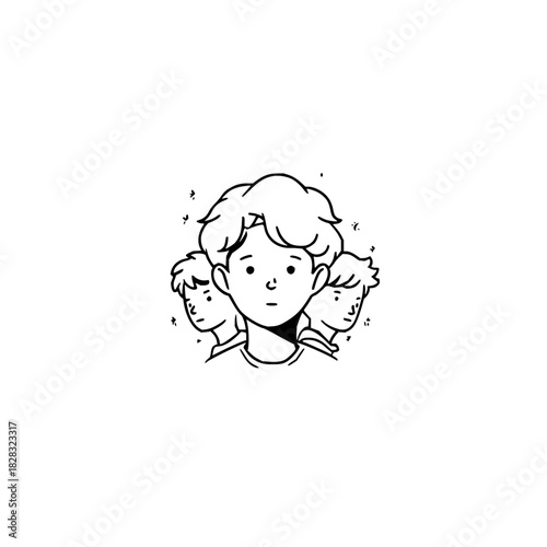 Line art illustration of three young people with curly hair, central figure looking forward, isolated on