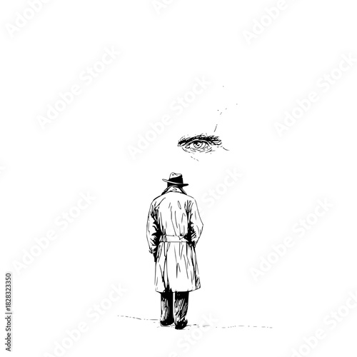 Mysterious man in trench coat and hat walking away, observed by a large eye, isolated on