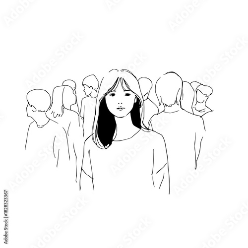 Young woman standing out in a crowd, facing forward with a serious expression, line art illustration isolated on