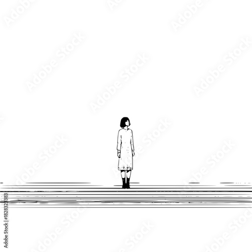Minimalist black and white illustration of a lone woman standing on a striped surface, isolated on
