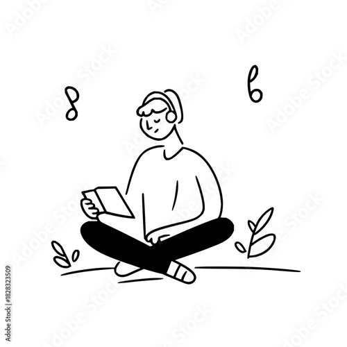 Person sitting crosslegged, wearing headphones, and reading a book, enjoying music or an audiobook, isolated on