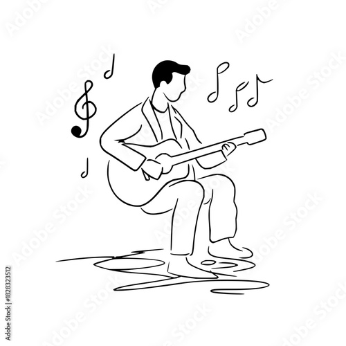 Line art illustration of a man playing an acoustic guitar, surrounded by musical notes, isolated on