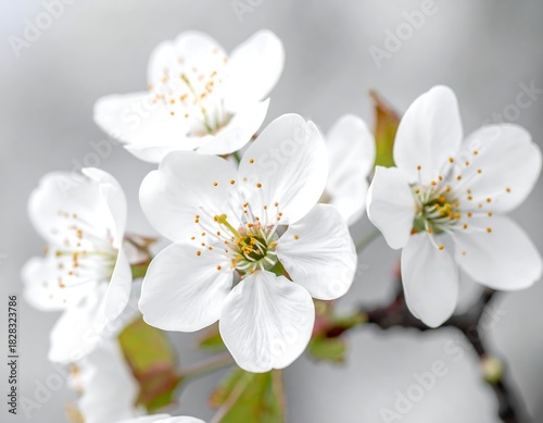 Delicate white flowers with yellow stamens against a soft, blurred, neutral backdrop