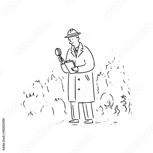 Line drawing of a man in a trench coat and hat holding a magnifying glass and clipboard, investigating, isolated on