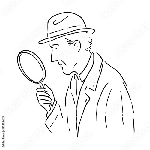 Line drawing of a man in a fedora hat holding a magnifying glass, representing investigation, isolated on