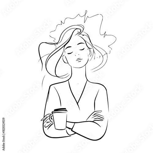 Elegant line art of a woman with closed eyes holding a coffee cup, arms crossed, isolated on