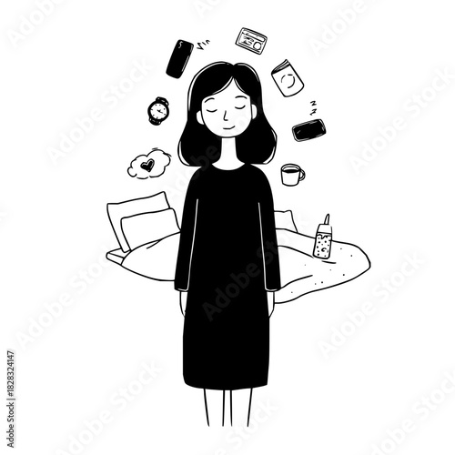 Black and white illustration of a woman contemplating daily routines and objects, isolated on