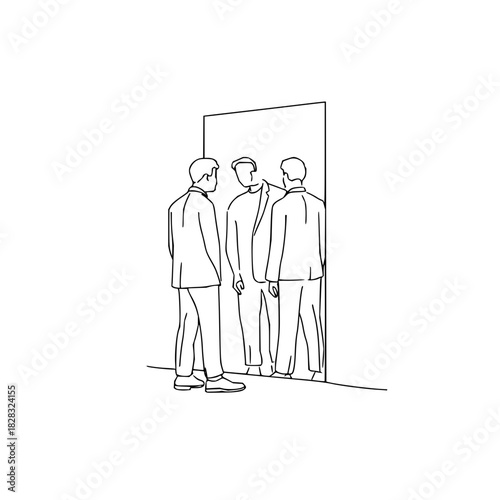 Three men in suits standing in front of a mirror, with one mans reflection visible, isolated on