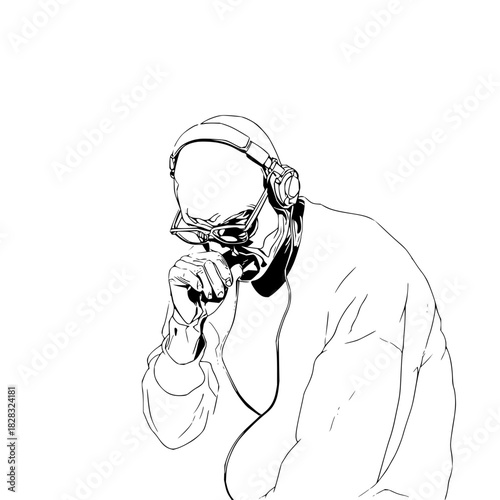 Line art illustration of a person with headphones and glasses, holding an object to their mouth, isolated on