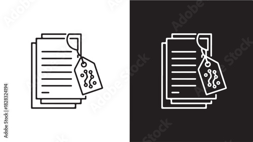 Stack of documents with a tag simple line art vector illustration for data management isolated on white and black background