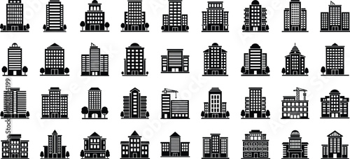 Building icons set, city skyscraper silhouettes, office architecture symbols, apartment glyphs, urban real estate vector collection, modern town skyline