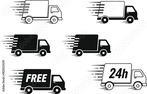 Delivery truck icons, fast shipping, express logistics, courier service, free delivery, 24h transport, motion lines, black white vector illustration