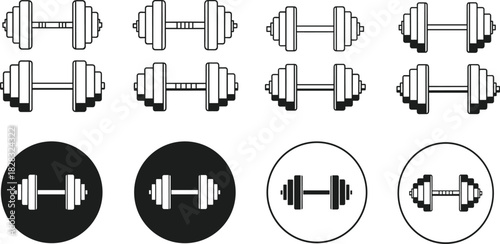 Dumbbell icon set, fitness symbol collection, gym equipment graphics, workout vector pack, black and white weights, exercise illustrations, training design