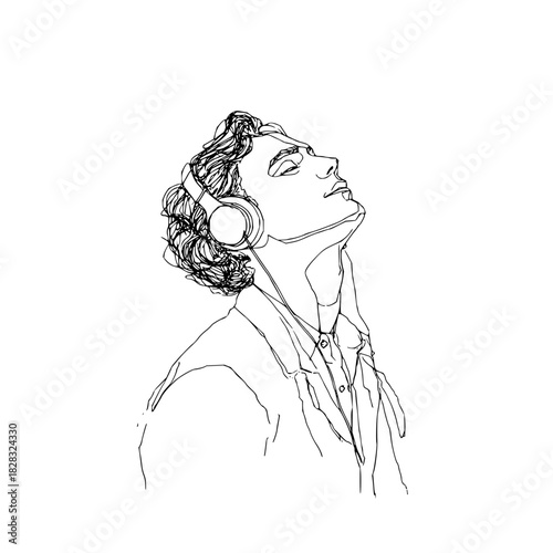 Minimalist line art illustration of a person wearing headphones, listening to music with eyes closed, isolated on