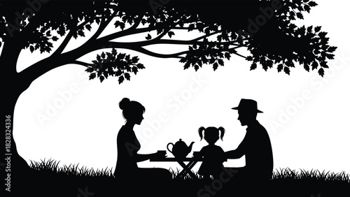 Family picnic silhouette, vector illustration of parents and child drinking tea at table under large tree branch on grass, summer nature
