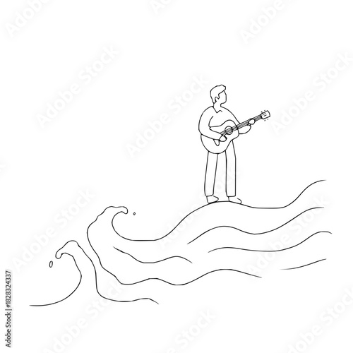 A minimalist line art drawing of a man standing on ocean waves and playing an acoustic guitar, isolated on
