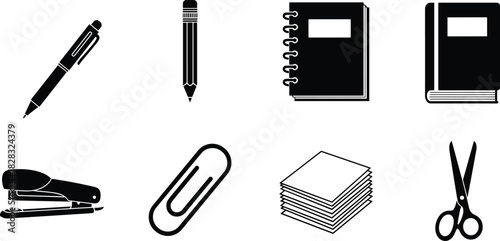 Office stationery icon set, black silhouette vector collection of pen, pencil, notebook, stapler, scissors, and paper for school supplies