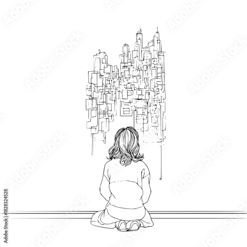 A person with their back to the viewer, kneeling and contemplating a complex, abstract cityscape drawing, isolated on