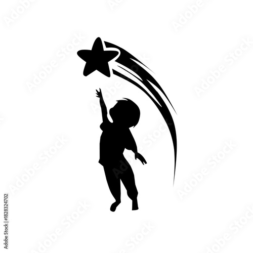 Black and white silhouette of a child reaching up for a shooting star. Symbolizes hope, dreams, ambition, future potential, childhood wonder, and educational goals.