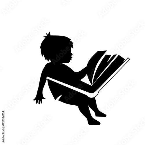 Black and white silhouette of a young child sitting and intently reading a large book. Perfect graphic for early childhood education, literacy programs, schools, and learning.