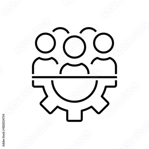 black thin line joint development with gearwheel. linear trend modern abstract logotype graphic stroke art design isolated on white background. concept of skill or professional opportunity or research