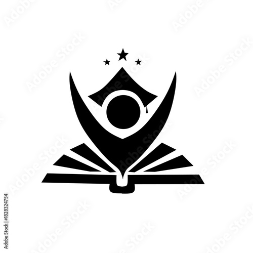 Black and white logo of a joyful graduate figure standing on an open book under stars. Represents successful learning, academic achievement, knowledge, and educational triumph.