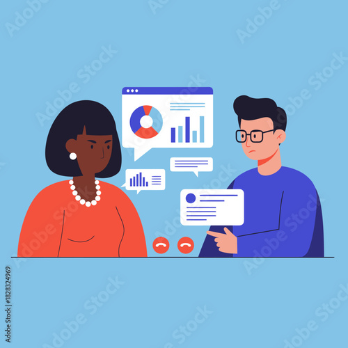 Virtual Meeting with Data Presentation and Diverse Participants.