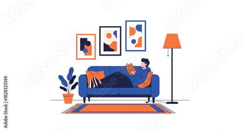 Find your inner peace with a book in a cozy modern living room, perfect for relaxation and escaping everyday stress with a good read at home