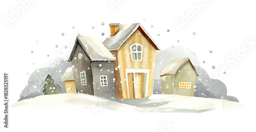 christmas houses watercolor illustration with snow falling, vector template for winter and christmas greeting cards or real estate advertising, cozy cream and grey colours isolated on white background