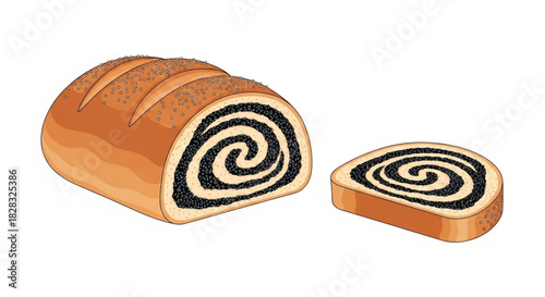 Freshly baked poppy seed roll, a sweet treat for any occasion, perfect for bakeries, cafes, and dessert menus, adds a touch of warmth to your design