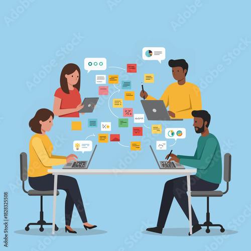 Diverse team collaborating on a project with laptops and interconnected digital elements.