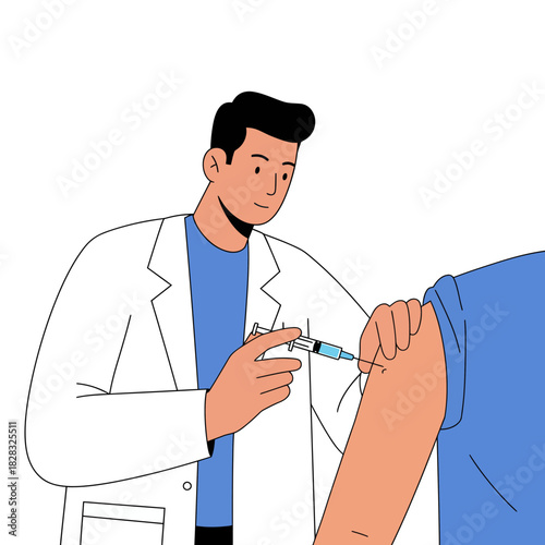 Doctor administering vaccine injection to patients arm.