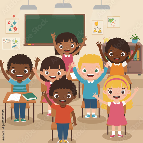 Enthusiastic students raising hands in a vibrant classroom setting.