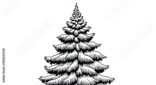 Detailed black and white hand-drawn illustration of a lush spruce or fir tree, isolated on a clean white background for design.