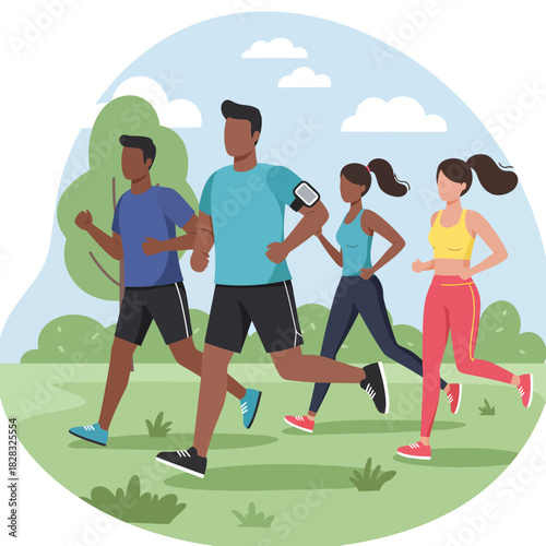 Group of People Running in a Park for Exercise.