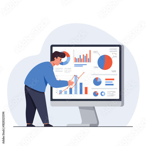Man Analyzing Data on Computer Screen with Charts and Graphs.